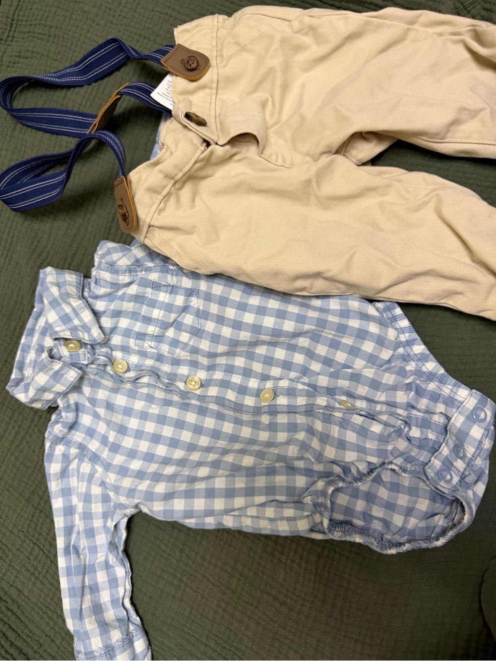 Kids Beige Chino Pants with Blue Gingham Bodysuit